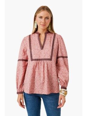 Faherty Mauve Pink Leaf Batik Aurora Long Sleeve Top Size Large Organic Cotton